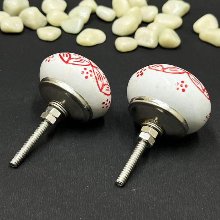 Handcrafted Red Ceramic Cabinet Knobs with Floral Design | Decorative Drawer Handles