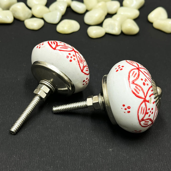 Handcrafted Red Ceramic Cabinet Knobs with Floral Design | Decorative Drawer Handles