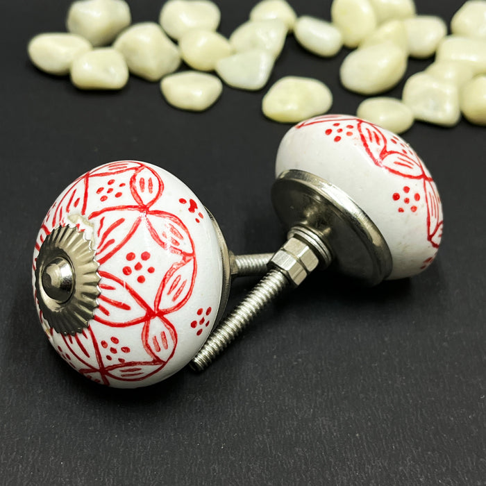 Handcrafted Red Ceramic Cabinet Knobs with Floral Design | Decorative Drawer Handles