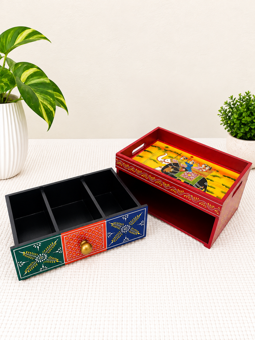 Handcrafted Wooden Open Storage Box with Drawer, Hand Painted Indian Traditional Decor