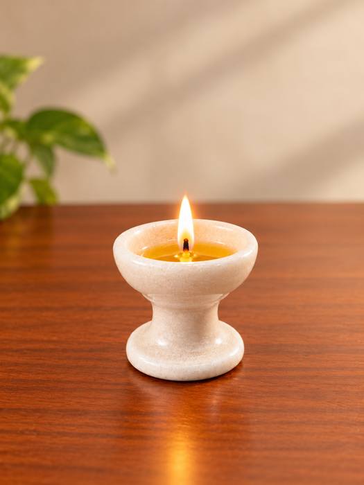White Marble Diya Set of 4, Elegant Traditional Marble Oil Lamps for Pooja