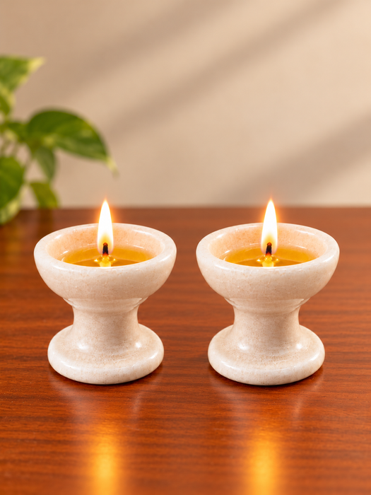 White Marble Diya Set of 4, Elegant Traditional Marble Oil Lamps for Pooja