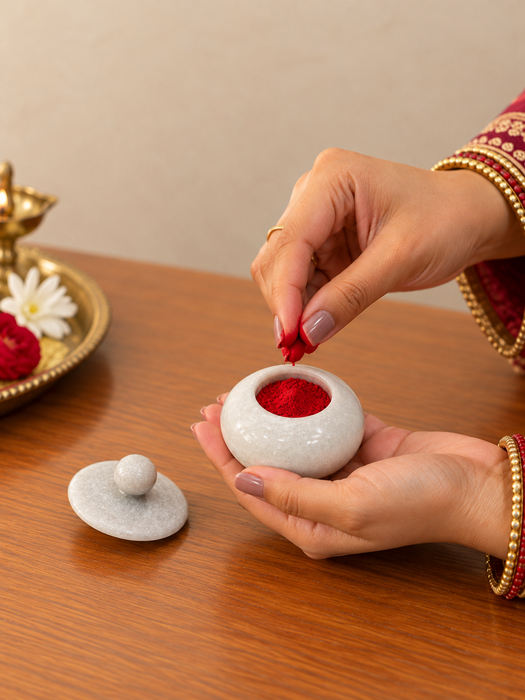 Handcrafted Marble Sindoor Box Set, Traditional Indian Pooja & Wedding Decor