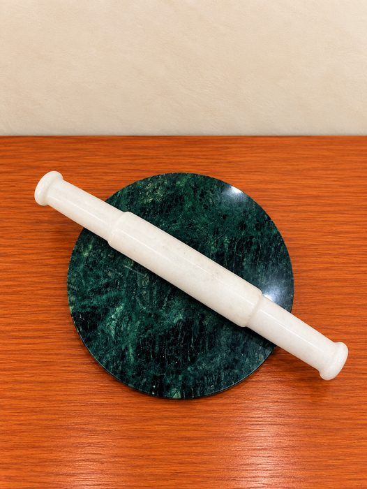 Green Marble Chakla Belan Set, Round Rolling Board with White Marble Rolling Pin