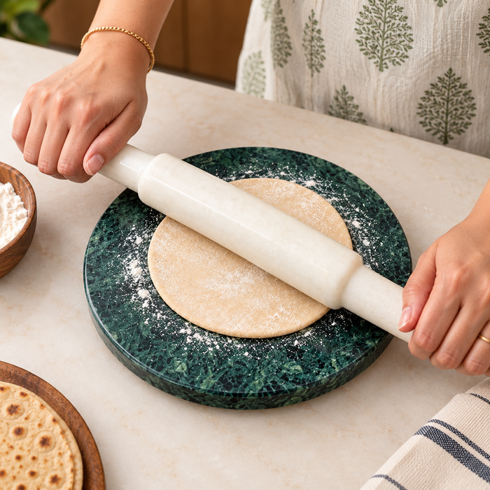 Green Marble Chakla Belan Set, Round Rolling Board with White Marble Rolling Pin