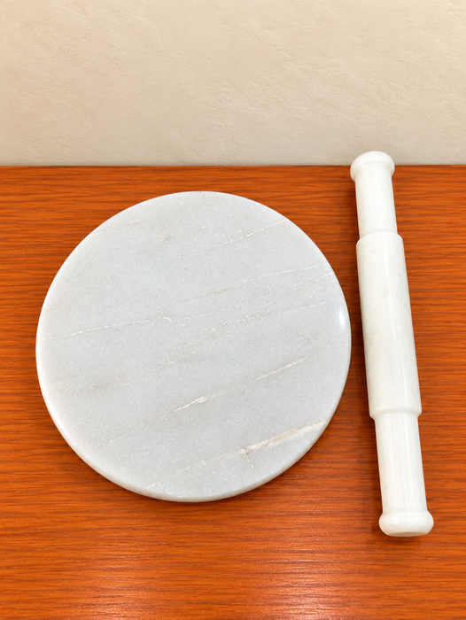White Marble Chakla Belan Set, Round Rolling Board with White Marble Rolling Pin