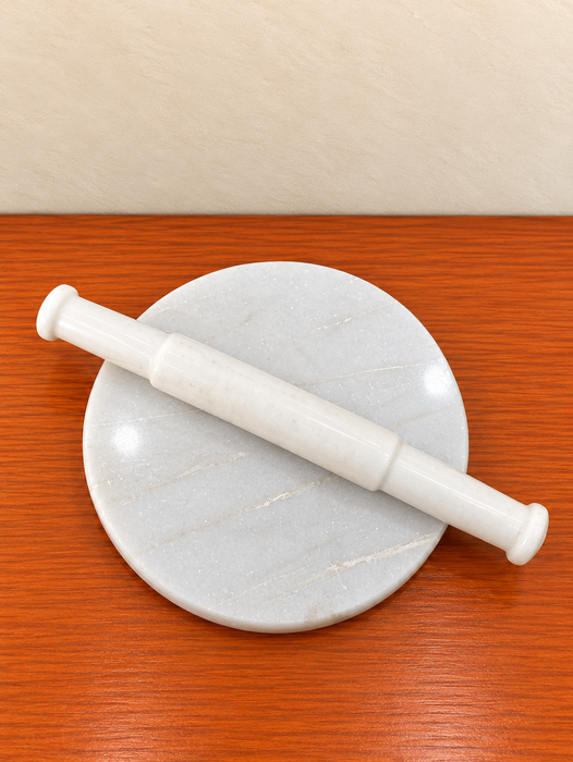 White Marble Chakla Belan Set, Round Rolling Board with White Marble Rolling Pin