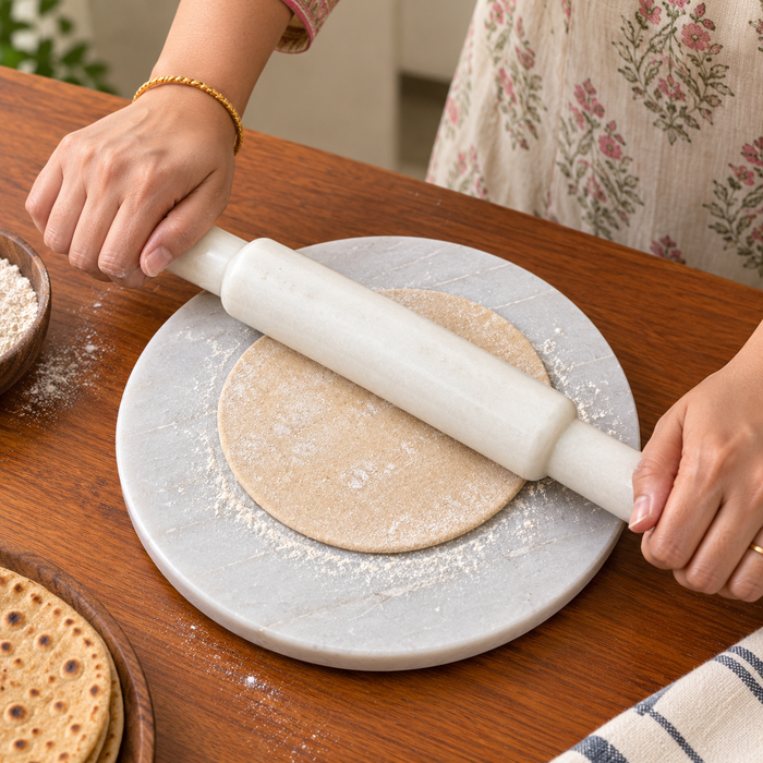 White Marble Chakla Belan Set, Round Rolling Board with White Marble Rolling Pin