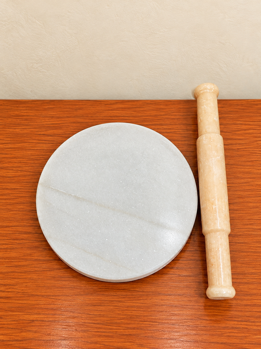 White Marble Chakla Belan Set, Elegant Marble Rolling Board and Rolling Pin