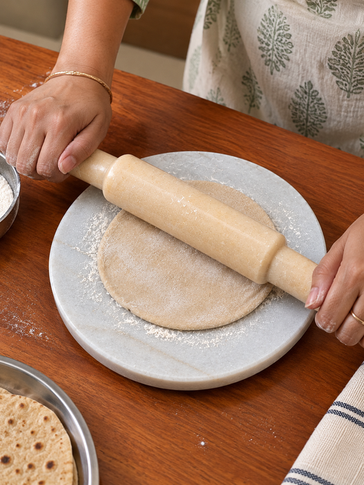 White Marble Chakla Belan Set, Elegant Marble Rolling Board and Rolling Pin