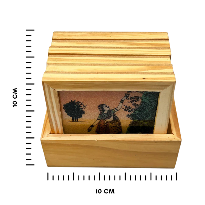 Elegant Wooden Tea Coaster Set with Traditional Artwork