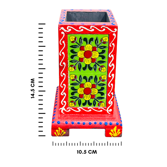 Hand-Painted Wooden Pen Stand with Rajasthani Elephant Art – Red