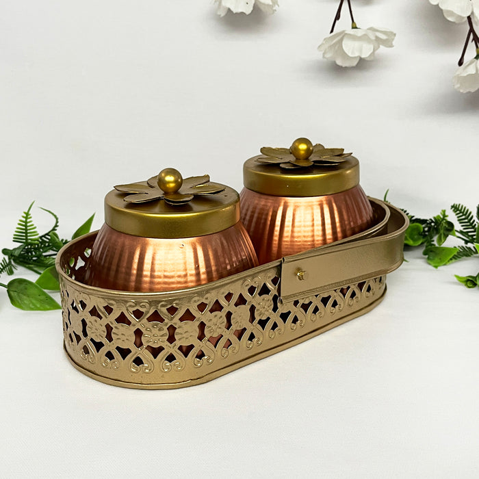 Metal Gold Basket With 2 Dry Fruit Jar Home/Office Decor 2