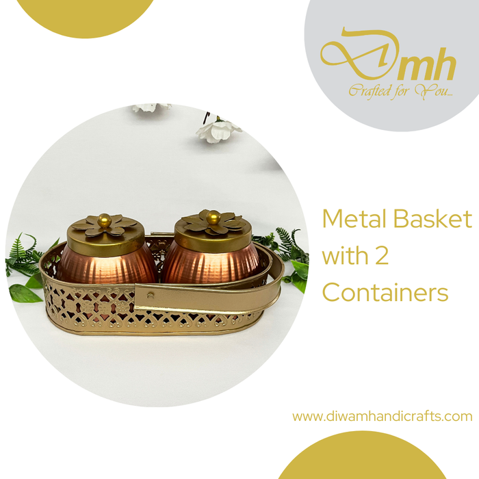 Metal Gold Basket With 2 Dry Fruit Jar Home/Office Decor