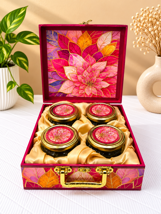 Pink Floral Dry Fruit Box with 4 Glass Jars, Decorative Gift Hamper