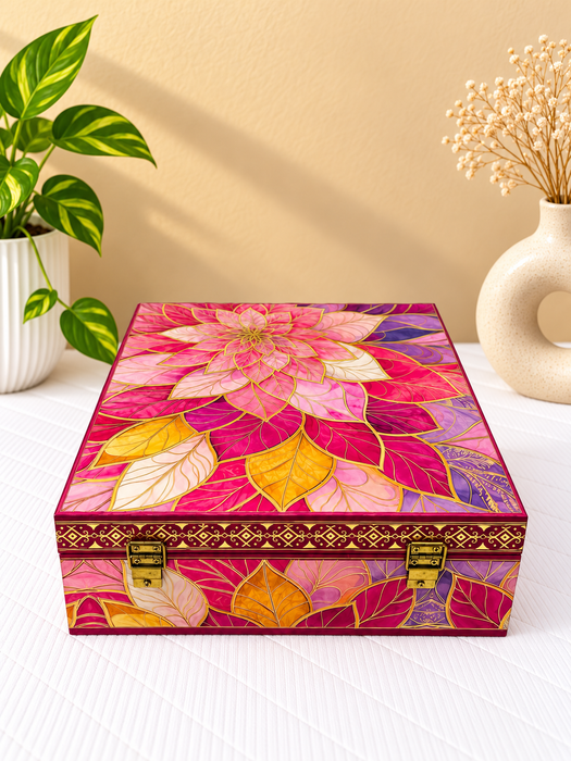 Pink Floral Dry Fruit Box with 4 Glass Jars, Decorative Gift Hamper