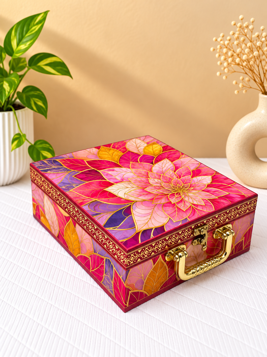 Pink Floral Dry Fruit Box with 4 Glass Jars, Decorative Gift Hamper