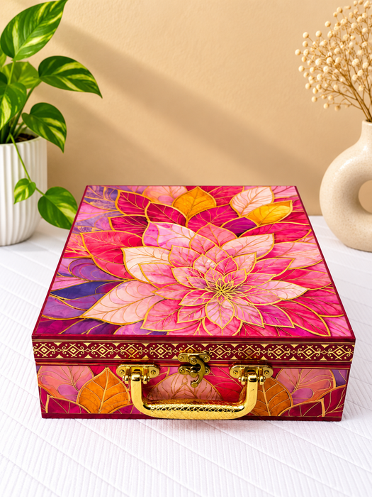 Pink Floral Dry Fruit Box with 4 Glass Jars, Decorative Gift Hamper