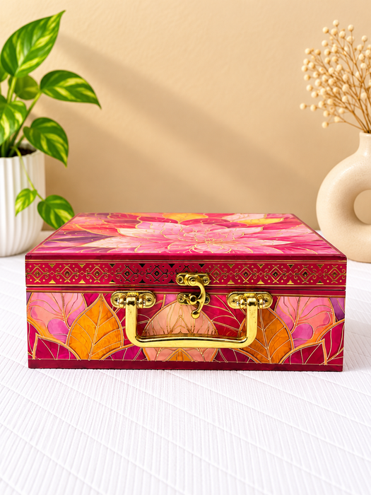 Pink Floral Dry Fruit Box with 4 Glass Jars, Decorative Gift Hamper