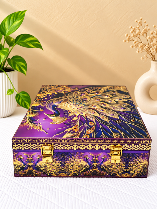 Purple Peacock Design Dry Fruit Box with 4 Glass Jars, Decorative Gift Hamper