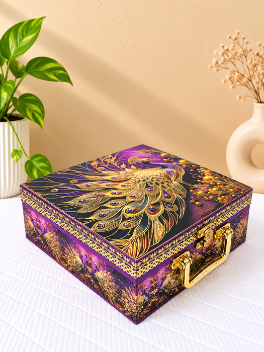 Purple Peacock Design Dry Fruit Box with 4 Glass Jars, Decorative Gift Hamper