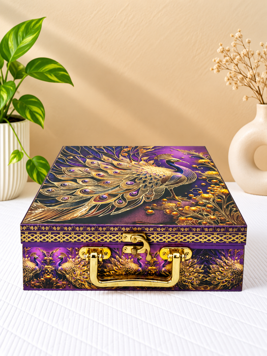 Purple Peacock Design Dry Fruit Box with 4 Glass Jars, Decorative Gift Hamper