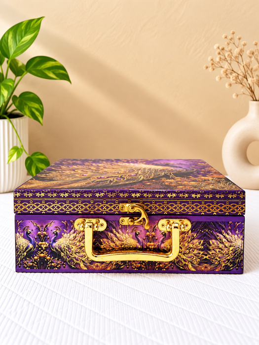 Purple Peacock Design Dry Fruit Box with 4 Glass Jars, Decorative Gift Hamper