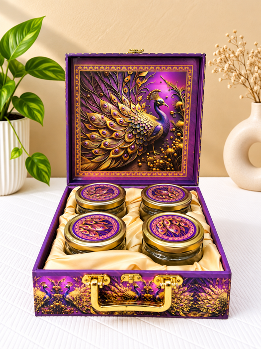 Purple Peacock Design Dry Fruit Box with 4 Glass Jars, Decorative Gift Hamper
