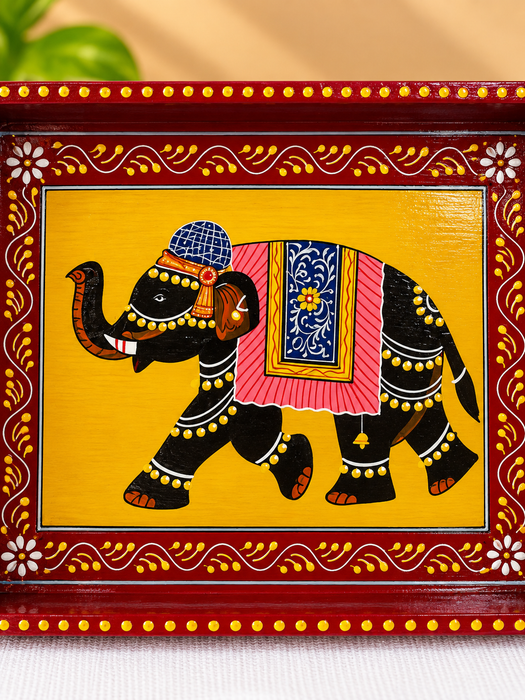 Red Wooden Serving Tray with Hand-Painted Elephant Design, Traditional Indian Decorative Tray