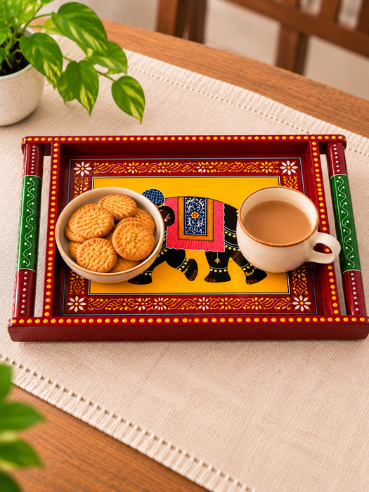 Red Wooden Serving Tray with Hand-Painted Elephant Design, Traditional Indian Decorative Tray