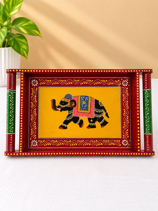 Red Wooden Serving Tray with Hand-Painted Elephant Design, Traditional Indian Decorative Tray