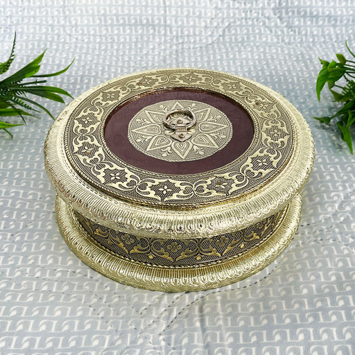 Rounded Handcrafted Wooden Dry Fruit Box with Metallic Design 1