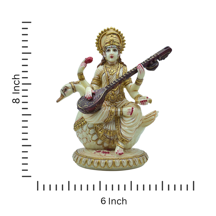 White Marble Resin Maa Saraswati Sitting on Swan Statue