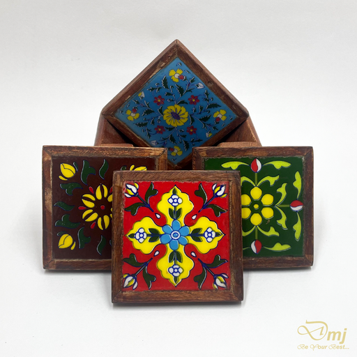 Handmade Colorful Ceramic Tiles Wooden Tea Coasters