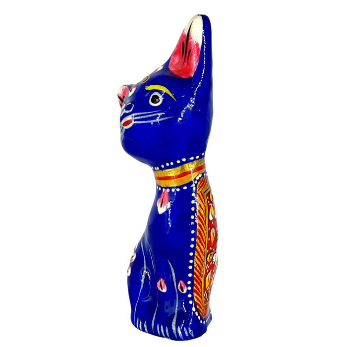 Hand Painted Blue Metal Meenakari Cat Figurine