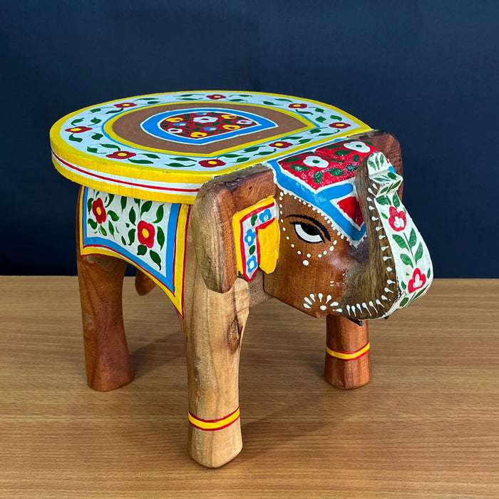 Handcrafted Embossed Painted Wooden Elephant Stool Showpiece