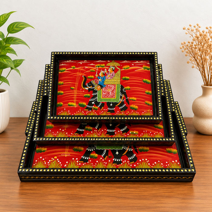 Hand-Painted Elephant Wooden Tray Set of 3, Traditional Indian Decorative Serving Trays