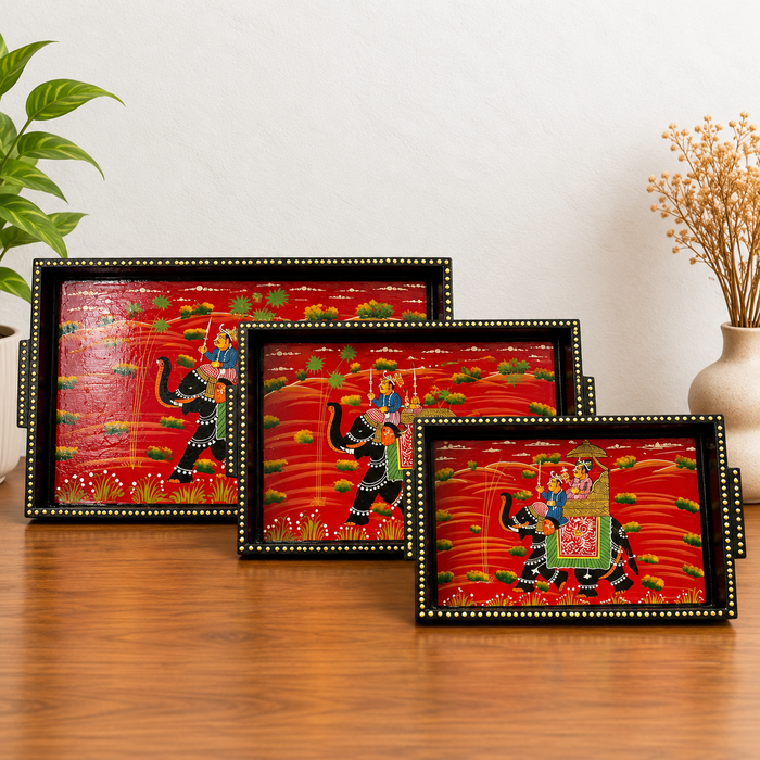 Hand-Painted Elephant Wooden Tray Set of 3, Traditional Indian Decorative Serving Trays