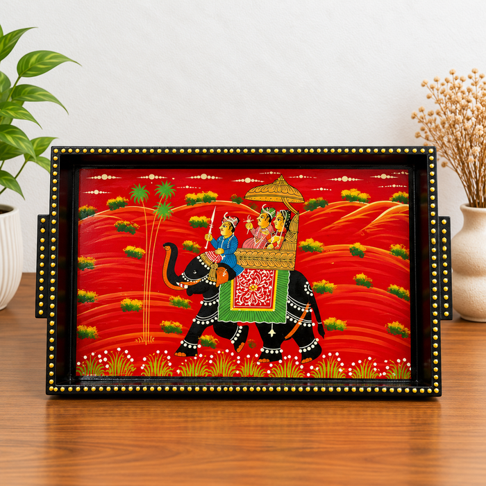 Hand-Painted Elephant Wooden Tray Set of 3, Traditional Indian Decorative Serving Trays