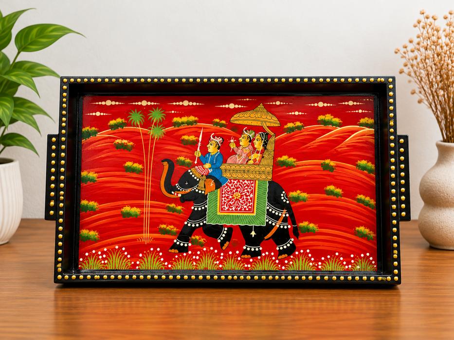Hand-Painted Elephant Wooden Tray Set of 3, Traditional Indian Decorative Serving Trays