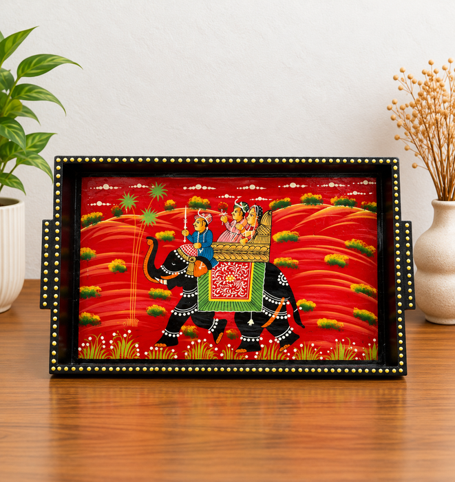 Hand-Painted Elephant Wooden Tray Set of 3, Traditional Indian Decorative Serving Trays