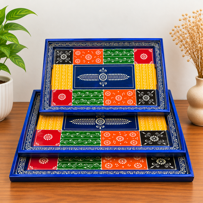 Hand-Painted Elephant Wooden Tray Set of 3, Traditional Indian Decorative Serving Trays