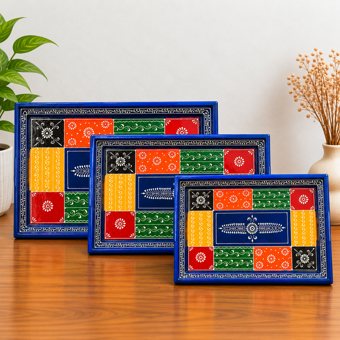Hand-Painted Elephant Wooden Tray Set of 3, Traditional Indian Decorative Serving Trays