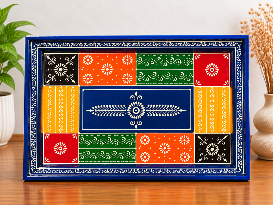 Hand-Painted Elephant Wooden Tray Set of 3, Traditional Indian Decorative Serving Trays