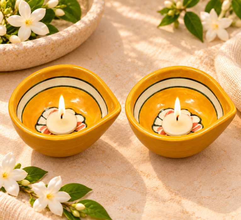 Handmade Ceramic yellow Diyas – Traditional Indian Festive Décor by Diwam Handicrafts