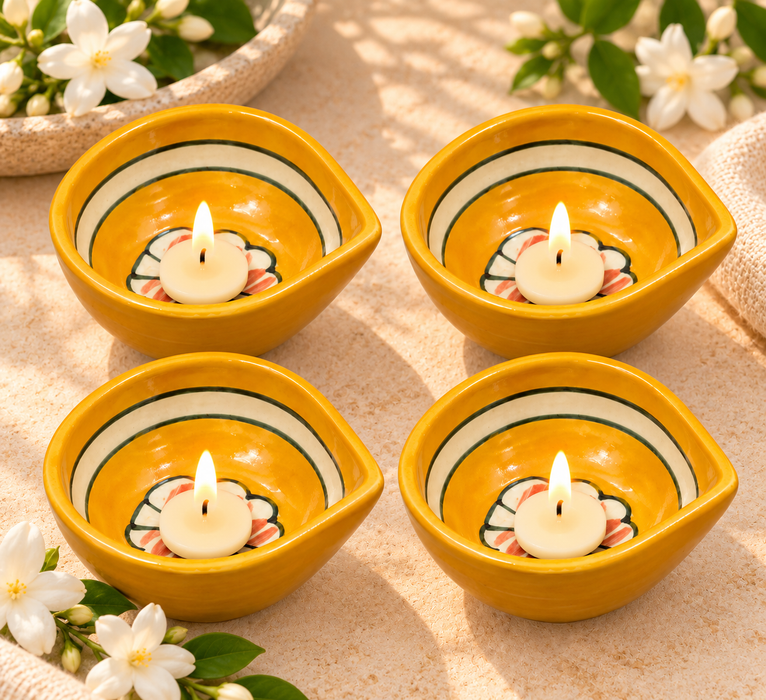 Handmade Ceramic yellow Diyas – Traditional Indian Festive Décor by Diwam Handicrafts