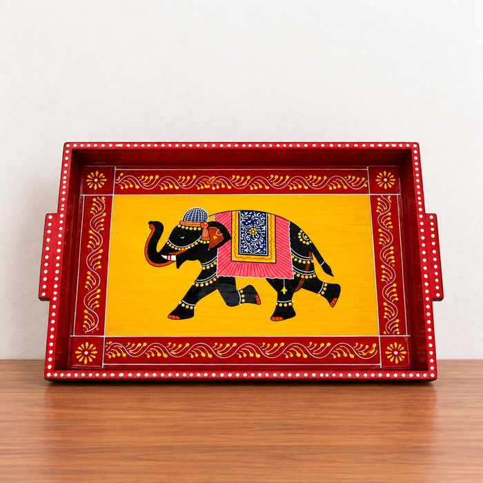 Hand-Painted Elephant Wooden Tray Set of 3, Traditional Indian Decorative Serving Trays