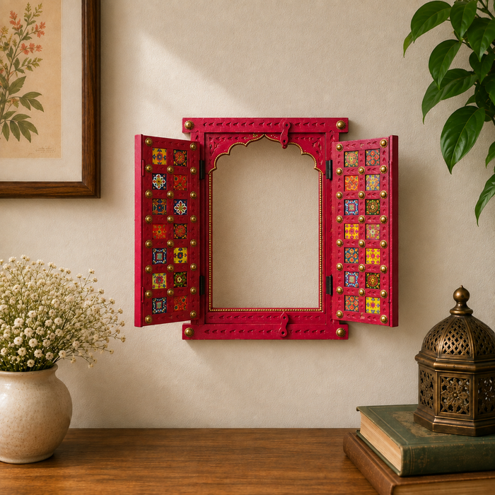 Handmade Wooden Jharokha Wall Decor, Indian Patchwork Window Art