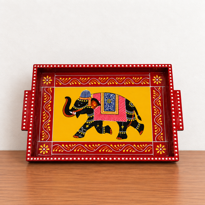 Hand-Painted Elephant Wooden Tray Set of 3, Traditional Indian Decorative Serving Trays