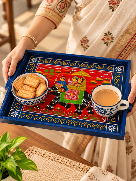 Hand-Painted Elephant Wooden Serving Tray, Traditional Indian Rajasthani Art Decorative Tray